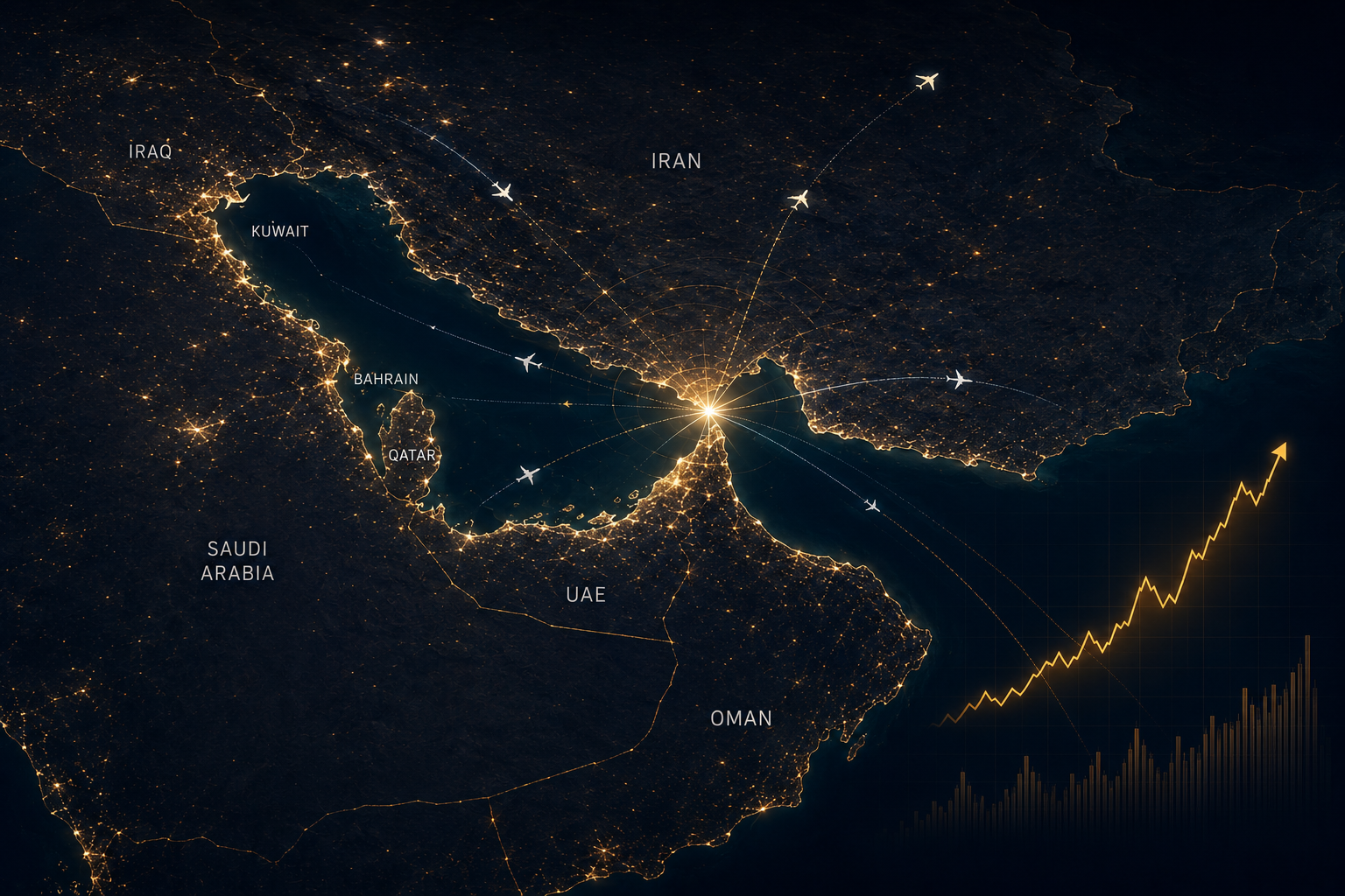 Map of Middle East with flight paths
