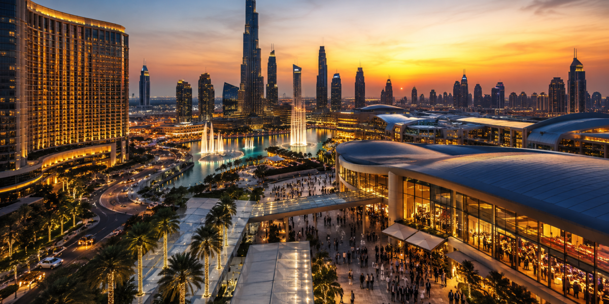 Downtown Dubai skyline with luxury hotels and event venues at sunset, representing Dubai tourism, hospitality, business travel, and major events in 2026.