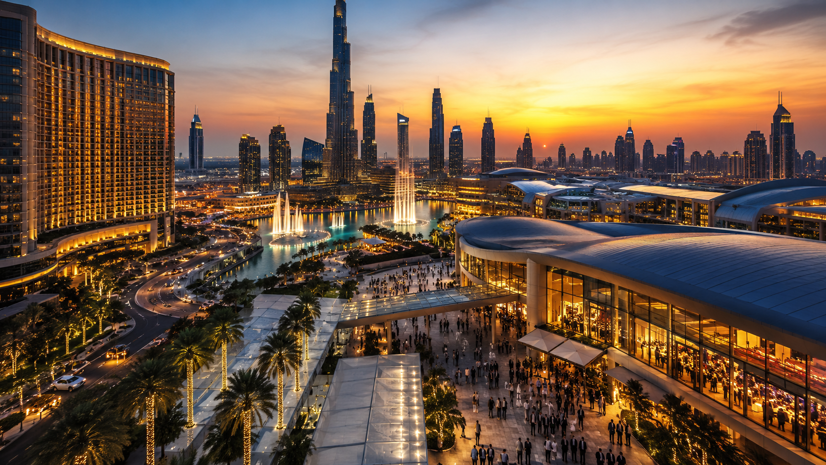 Downtown Dubai skyline with luxury hotels and event venues at sunset, representing Dubai tourism, hospitality, business travel, and major events in 2026.