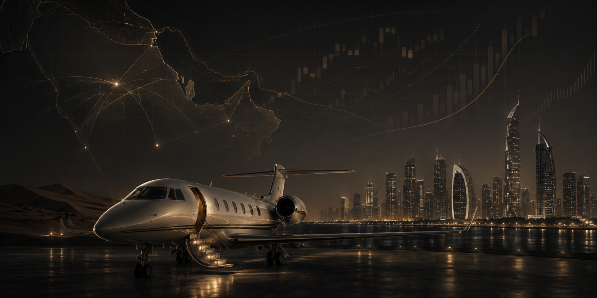 A private jet on a Gulf runway reflecting the growth of the region's private aviation sector