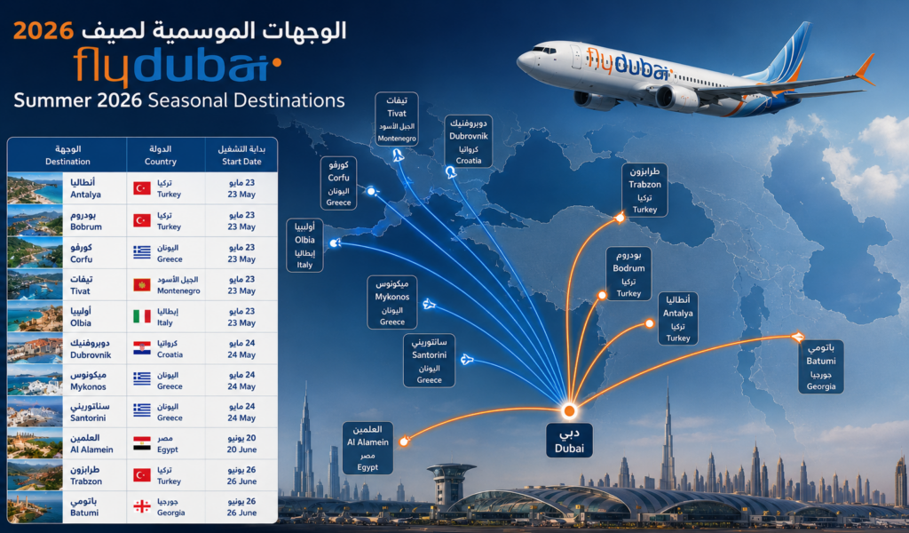 جدول وجهات فلاي دبي الموسمية الـ11 لصيف 2026 ومواعيد تشغيلها وعدد الرحلات الأسبوعية.