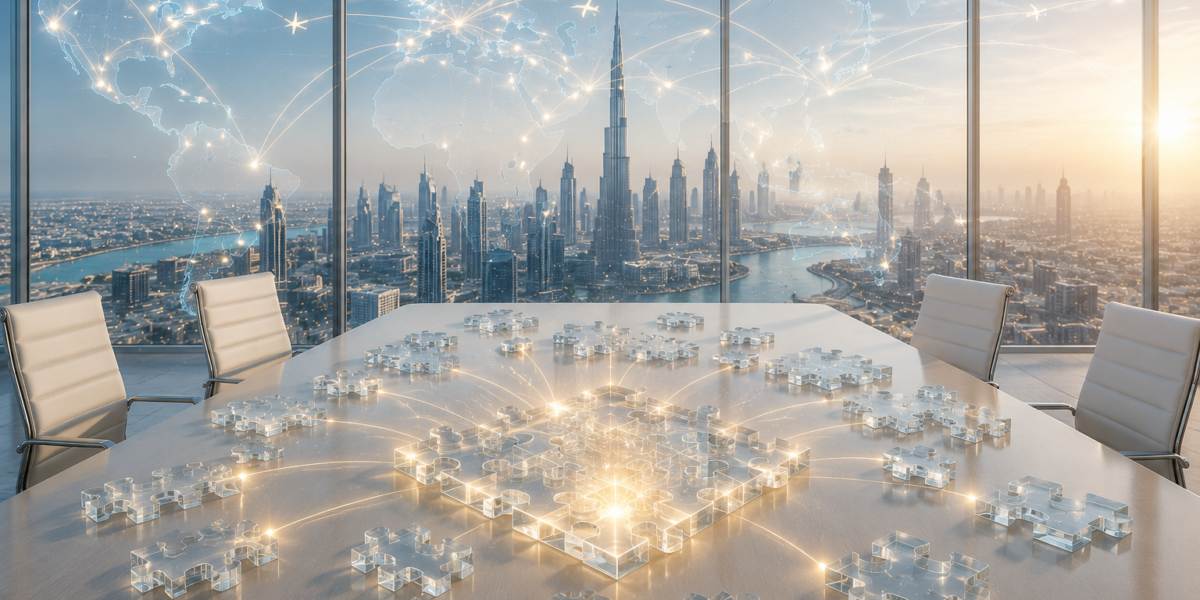 Futuristic meeting room with city view