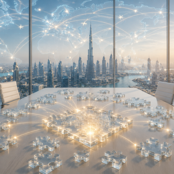 Futuristic meeting room with city view