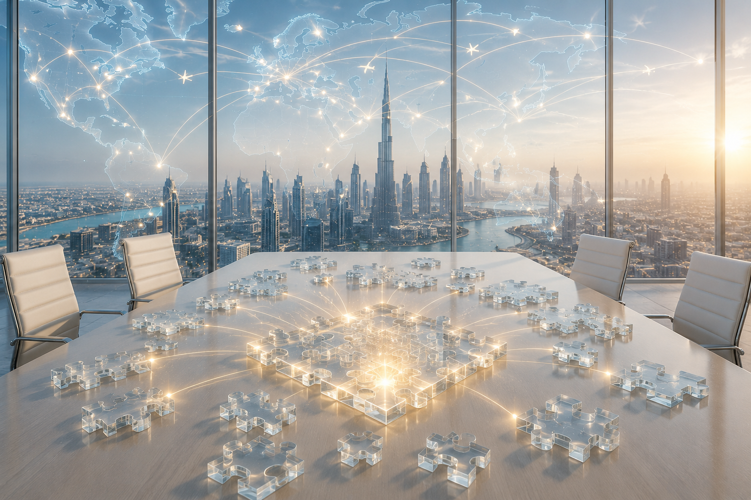 Futuristic meeting room with city view