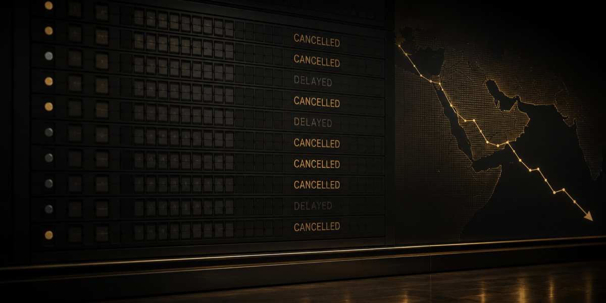 Airport arrivals board with cancelled and delayed flights on a dark background, symbolizing a slowdown in Middle East tourism and travel demand.