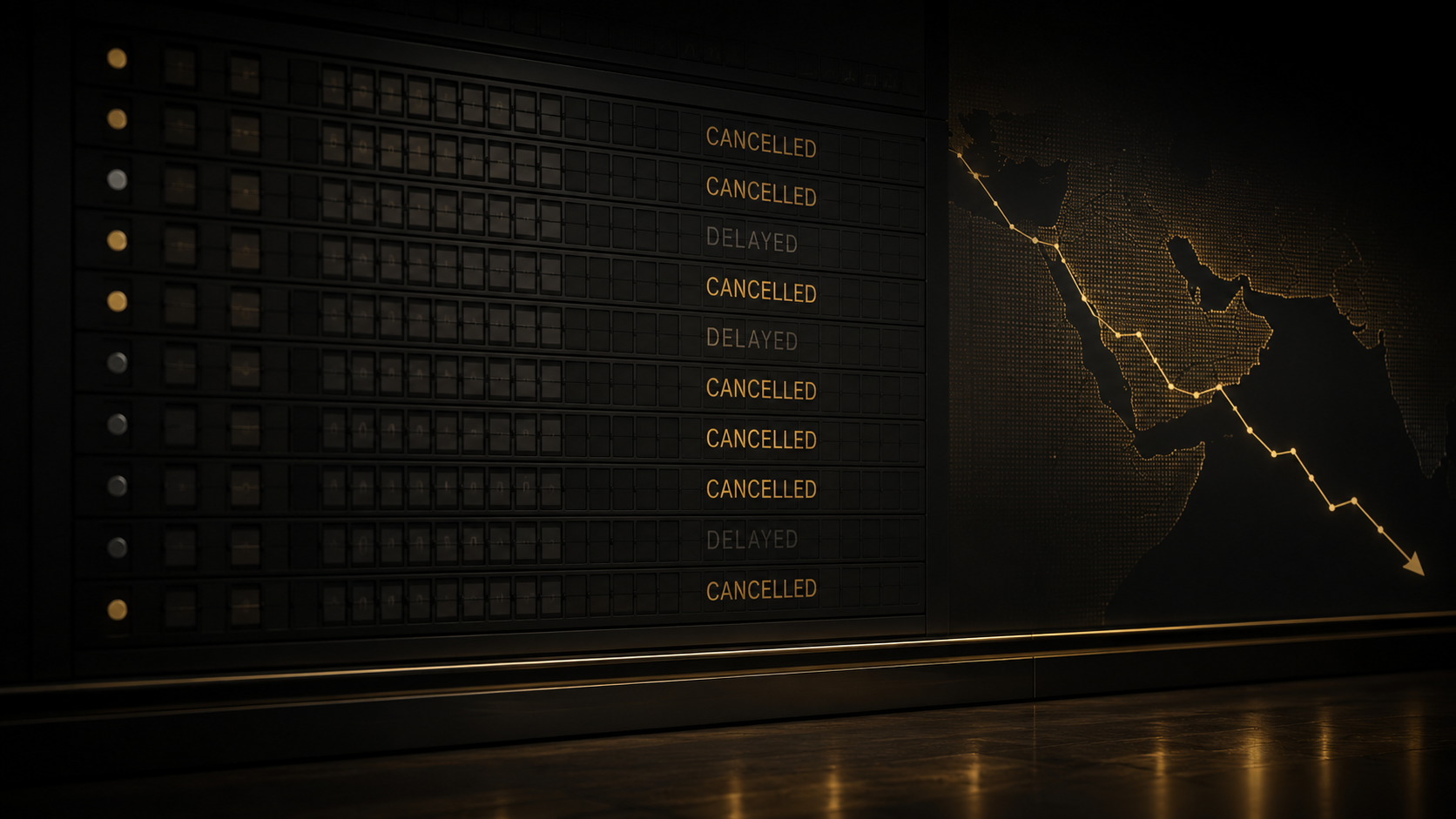 Airport arrivals board with cancelled and delayed flights on a dark background, symbolizing a slowdown in Middle East tourism and travel demand.